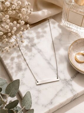Minimalist Silver Tone Bar Necklace | Layering Necklace Blank Plate Necklace